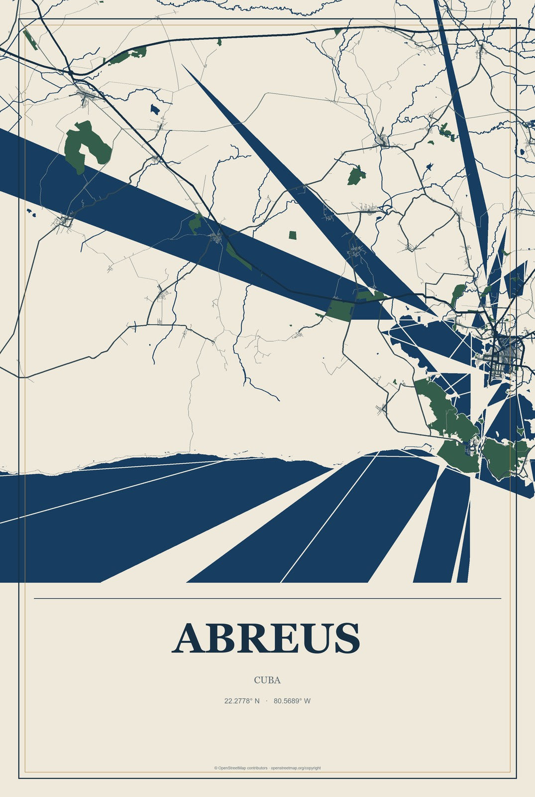 Abreus, Cuba City Map Aluminum Sign in Coastal Cutout style