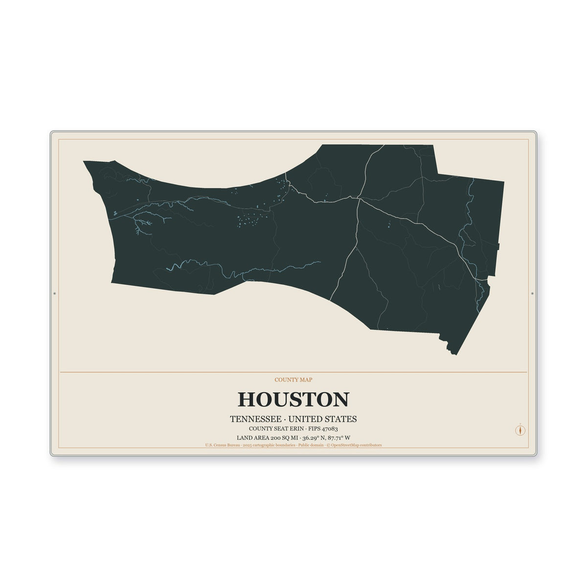 Houston County, Tennessee Map Aluminum Sign in Headline Atlas style