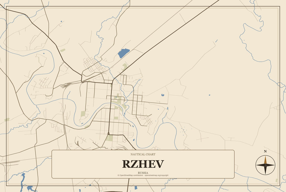 Rzhev, Russia City Map Aluminum Sign in Heritage Nautical style