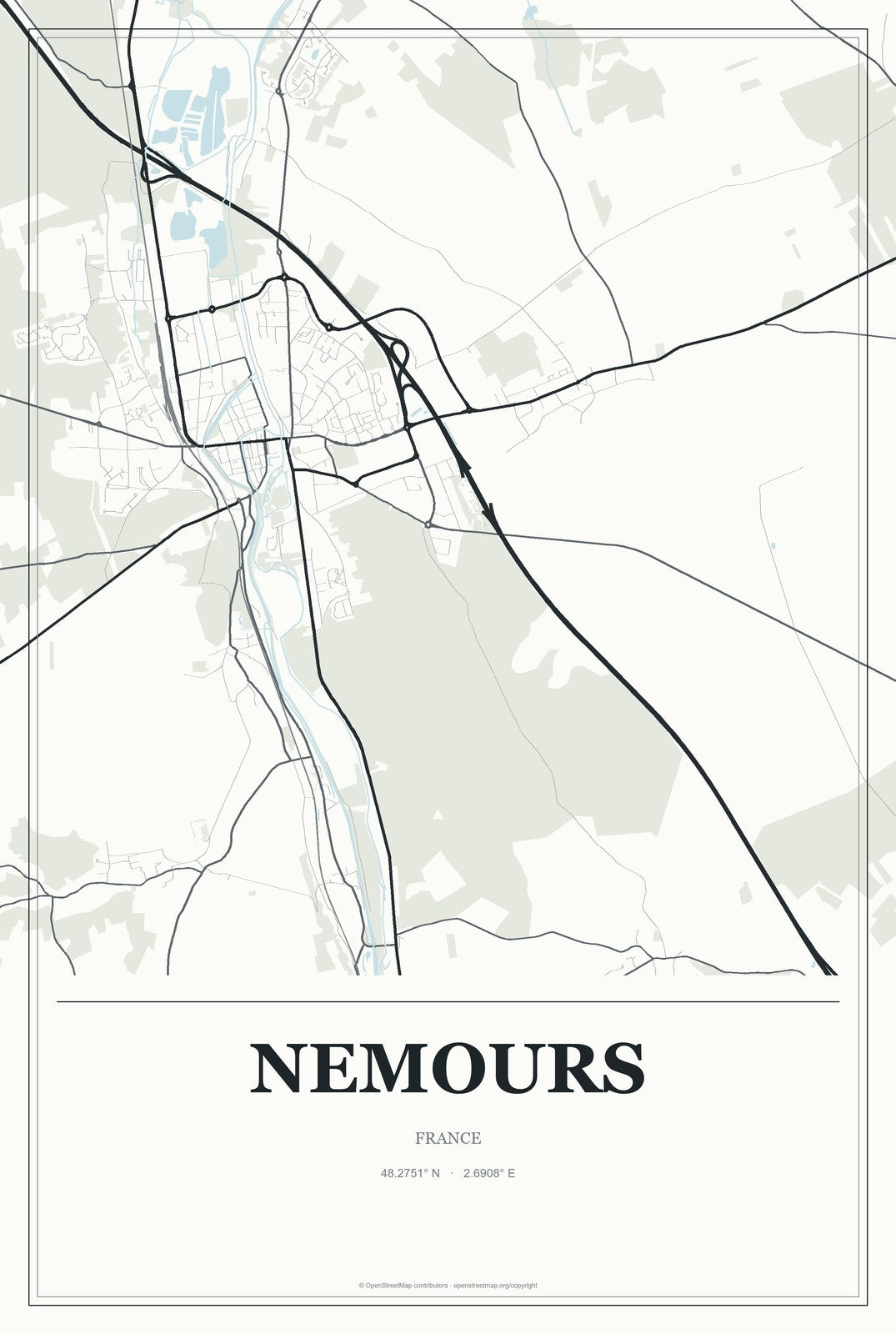 Nemours, France City Map Aluminum Sign in Gallery Air style