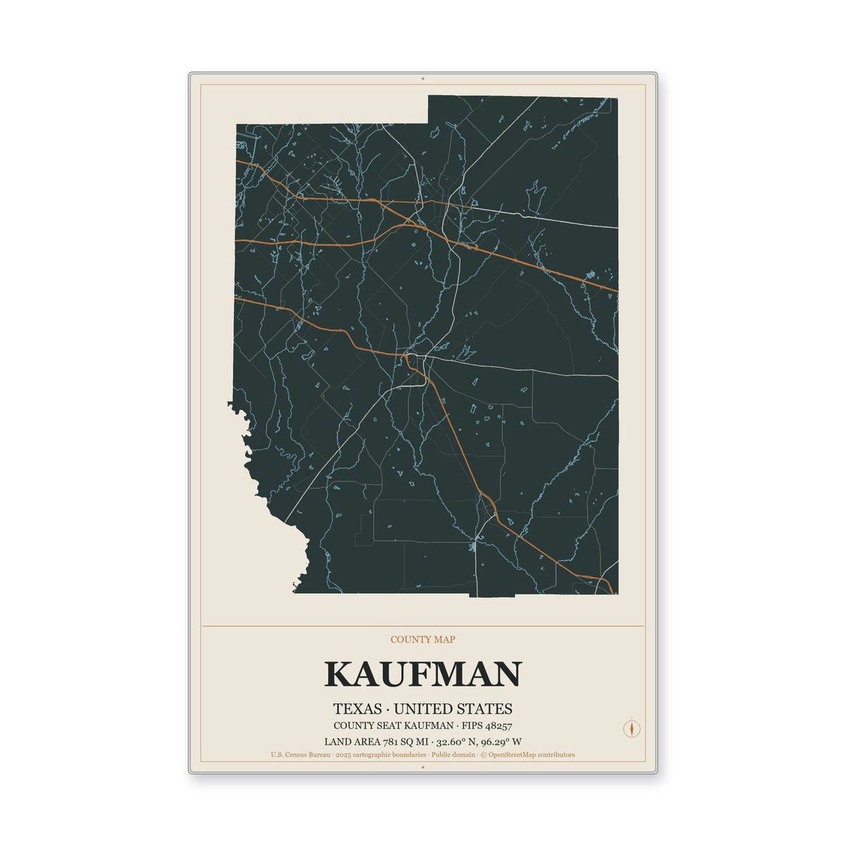 Kaufman County, Texas Map Aluminum Sign in Headline Atlas style