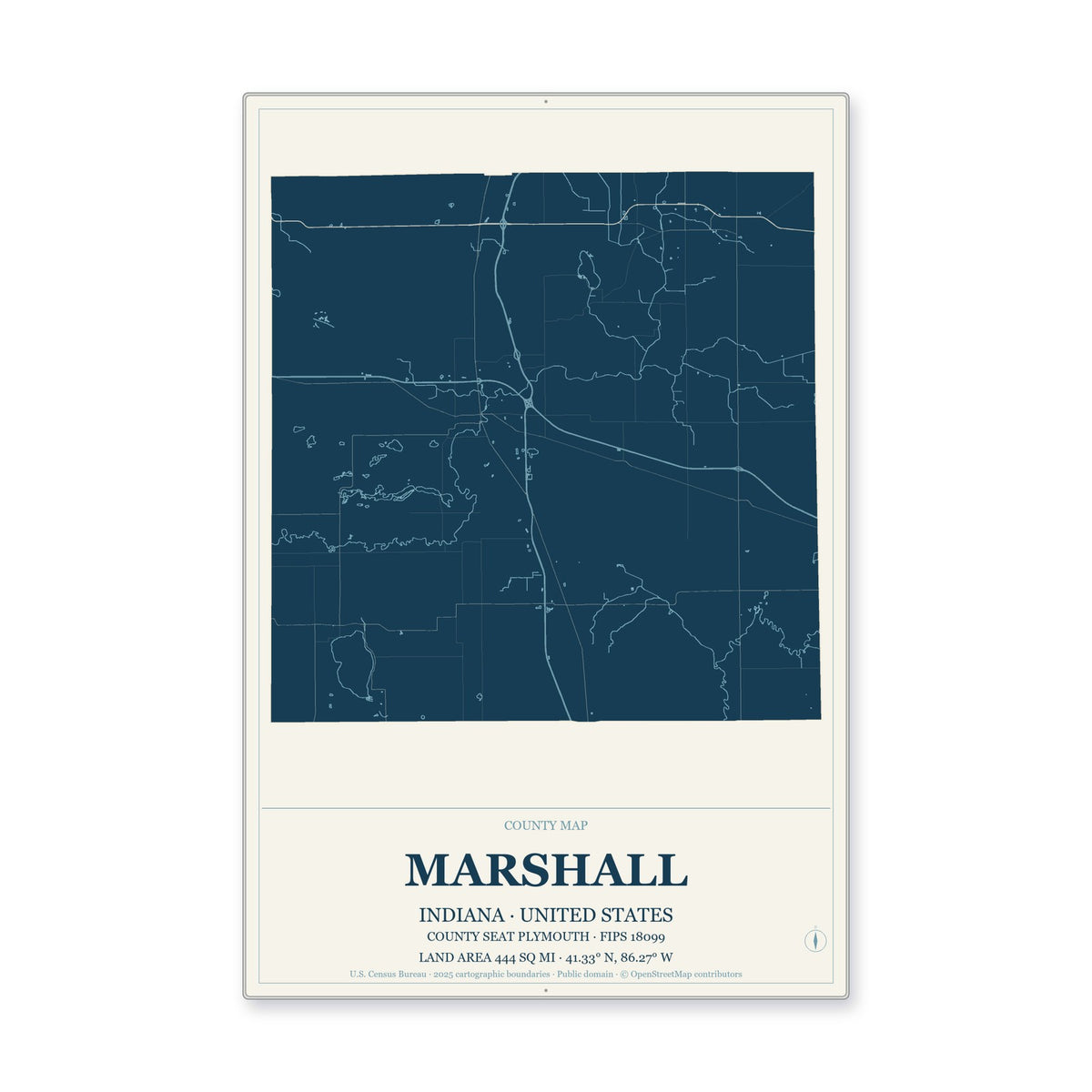 Marshall County, Indiana Map Aluminum Sign in Coastal Cutout style