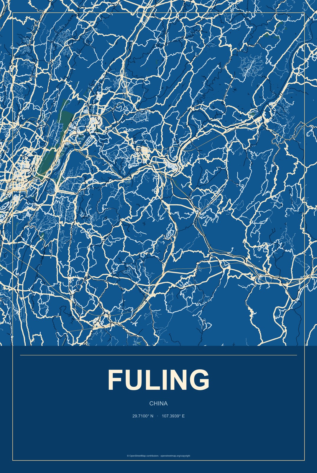 Fuling, China City Map Aluminum Sign in Harbor Cobalt style