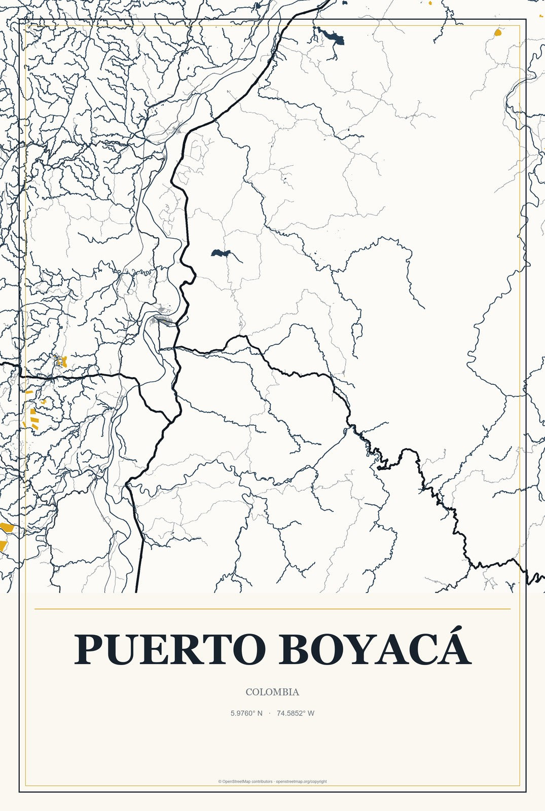 Puerto Boyacá, Colombia City Map Aluminum Sign in Citrine Modern style