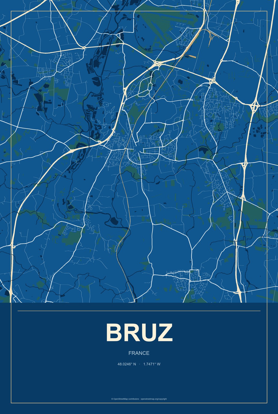 Bruz, France City Map Aluminum Sign in Harbor Cobalt style