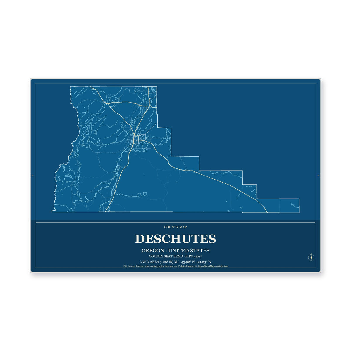 Deschutes County, Oregon Map Aluminum Sign in Harbor Cobalt style