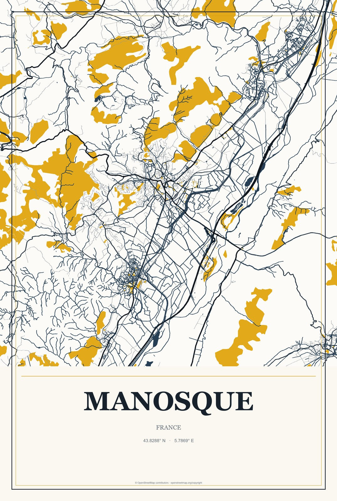 Manosque, France City Map Aluminum Sign in Citrine Modern style