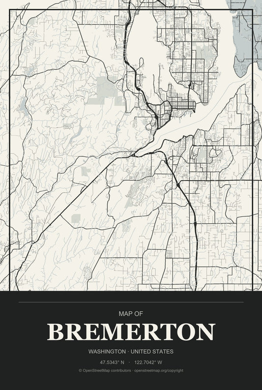 Bremerton, Washington City Map Aluminum Sign in Museum Plaque style