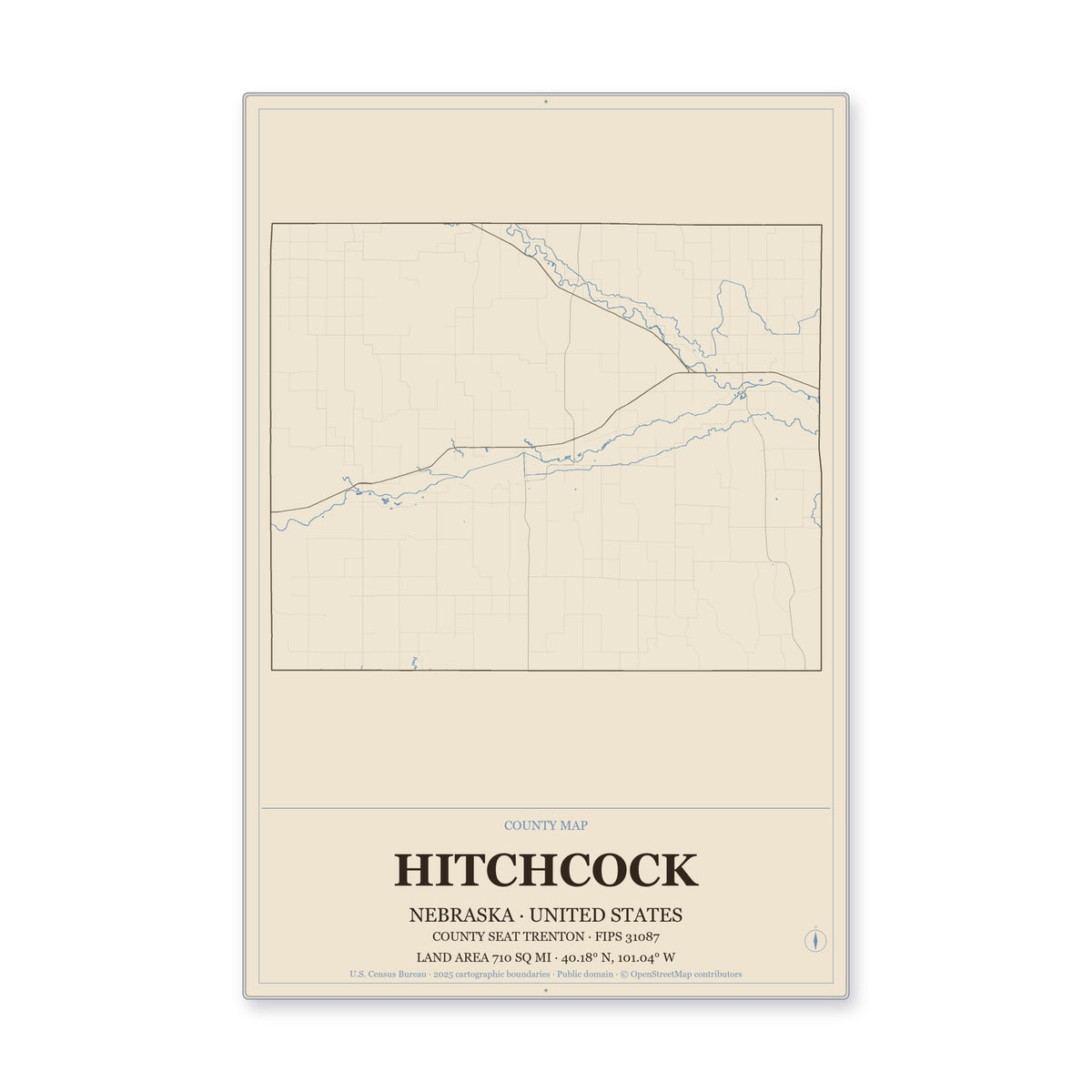 Hitchcock County, Nebraska Map Aluminum Sign in Heritage Nautical style