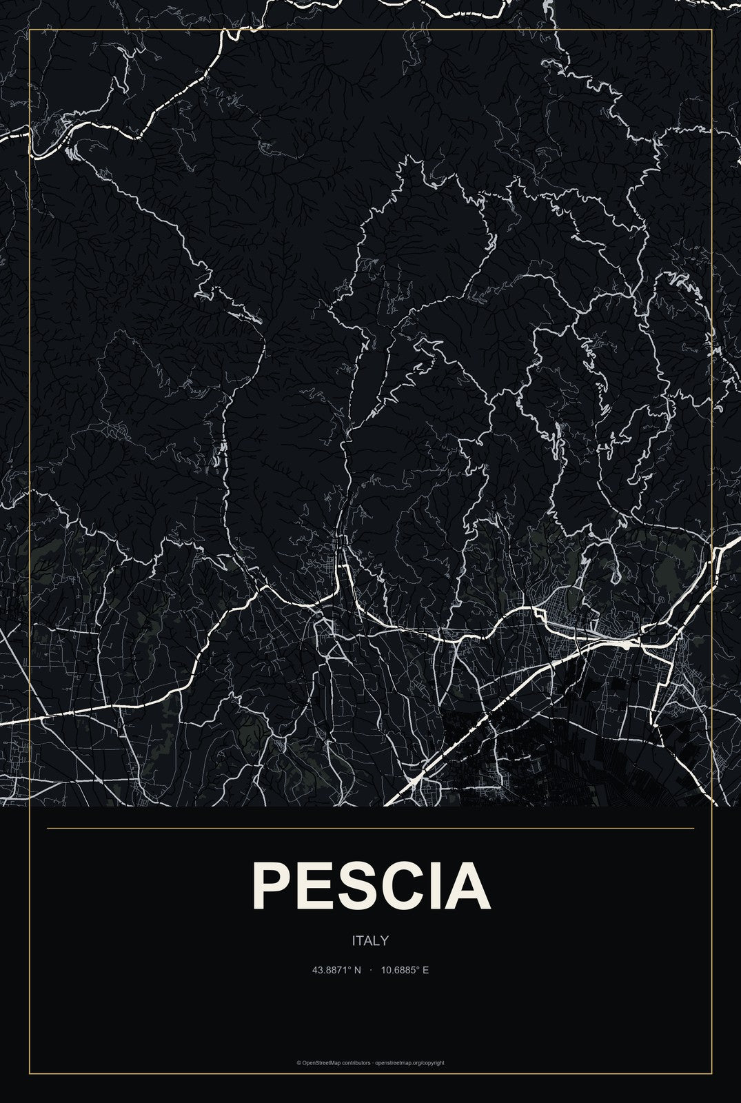 Pescia, Italy City Map Aluminum Sign in Metropolitan Noir style