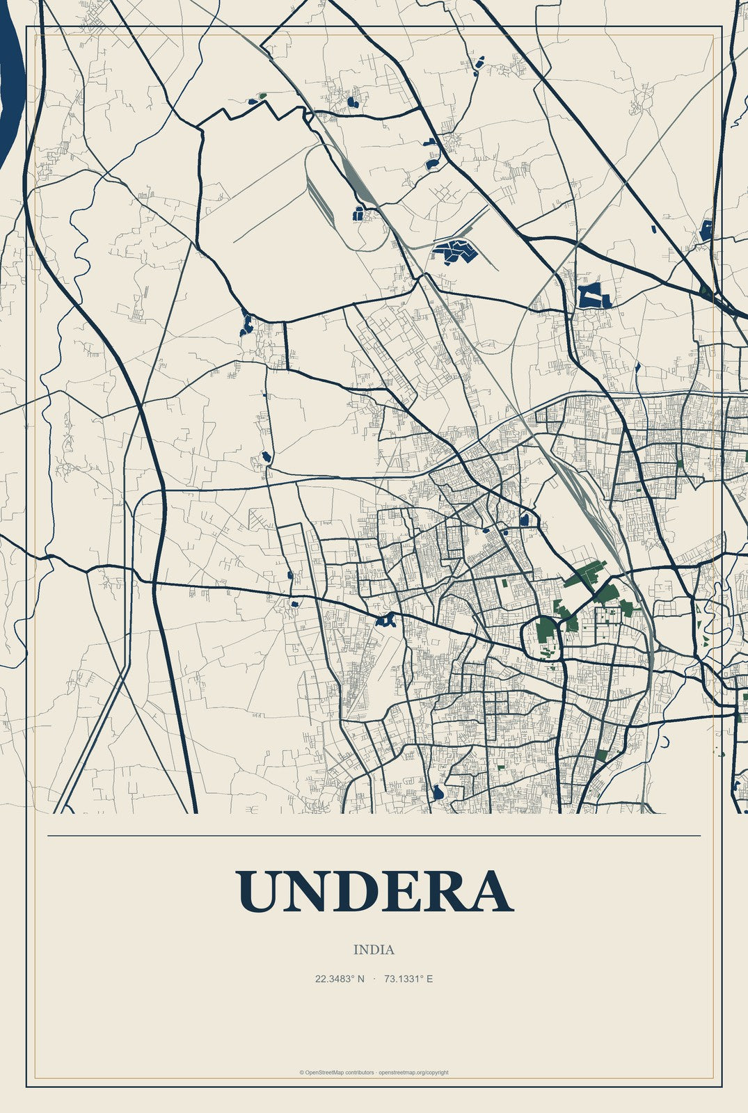 Undera, India City Map Aluminum Sign in Coastal Cutout style