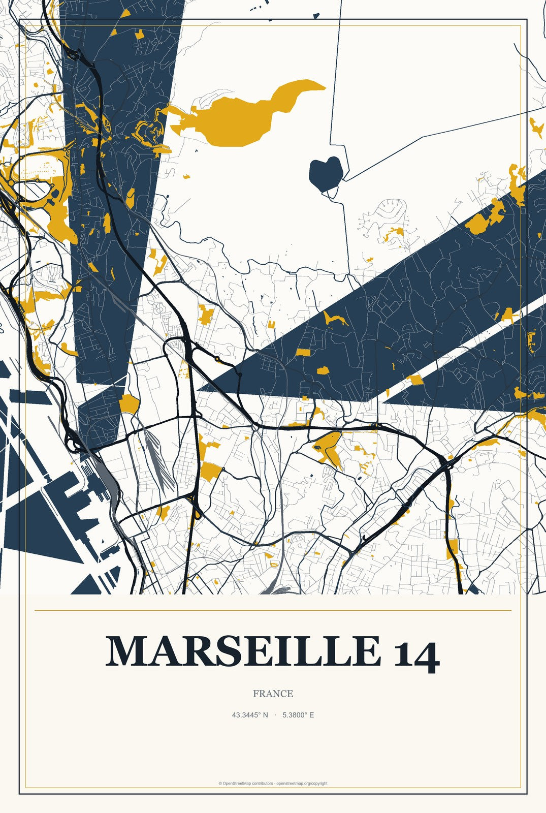 Marseille 14, France City Map Aluminum Sign in Citrine Modern style
