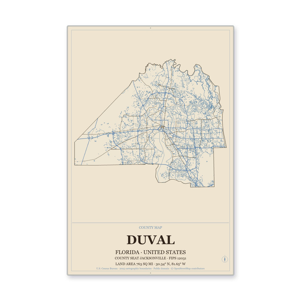 Duval County, Florida Map Aluminum Sign in Heritage Nautical style