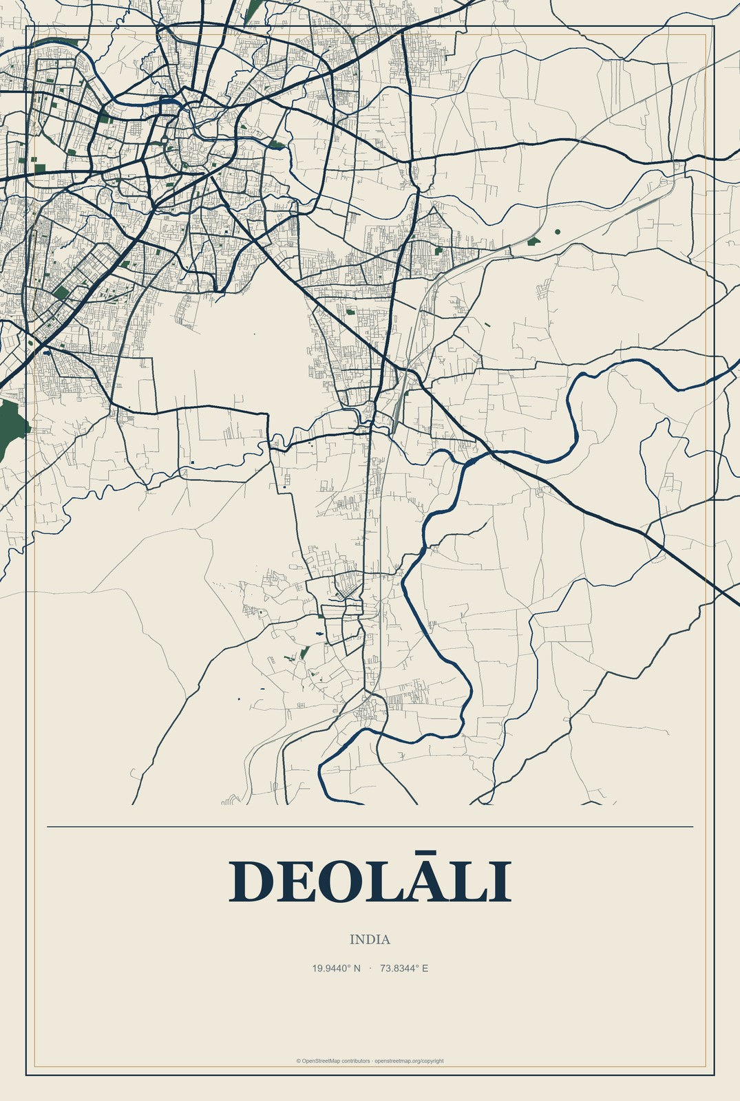 Deolāli, India City Map Aluminum Sign in Coastal Cutout style