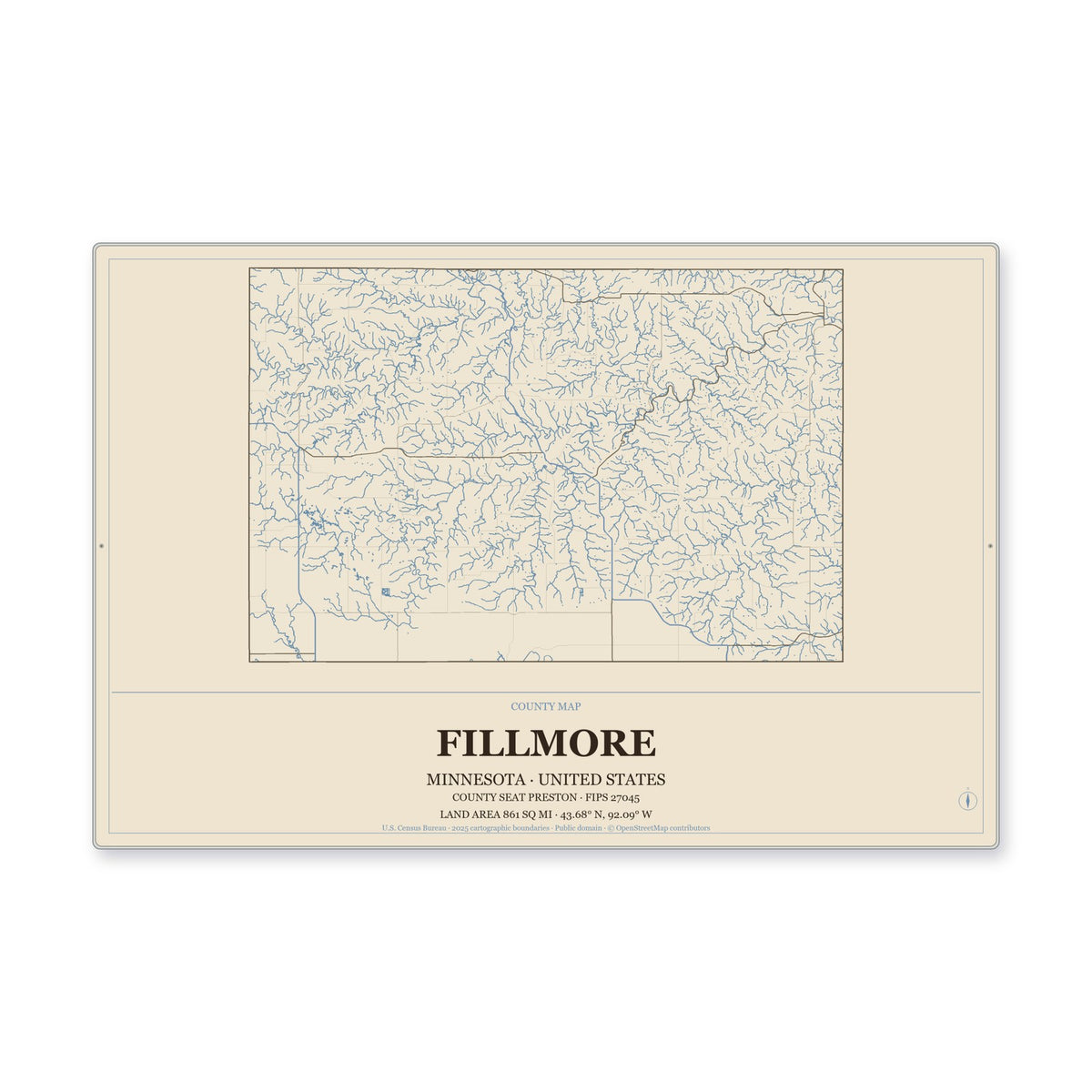 Fillmore County, Minnesota Map Aluminum Sign in Heritage Nautical style