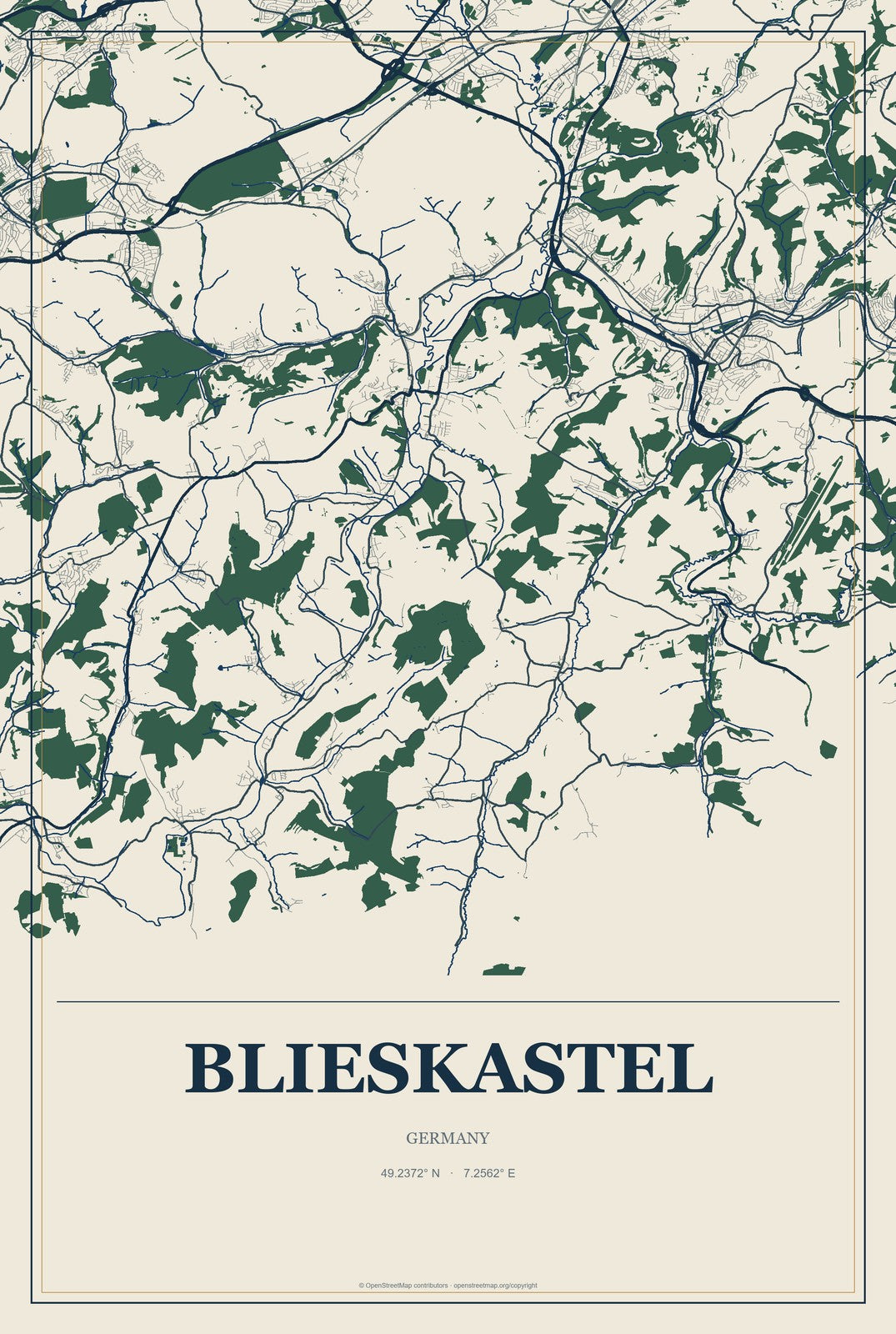 Blieskastel, Germany City Map Aluminum Sign in Coastal Cutout style