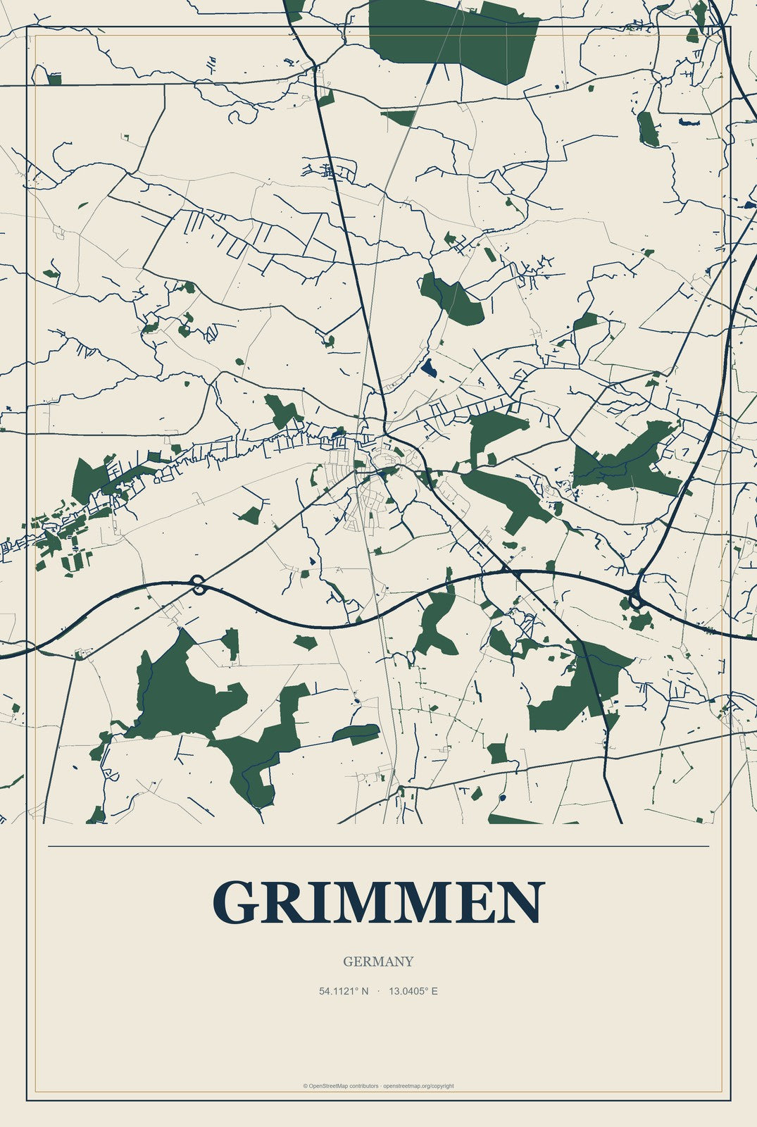 Grimmen, Germany City Map Aluminum Sign in Coastal Cutout style