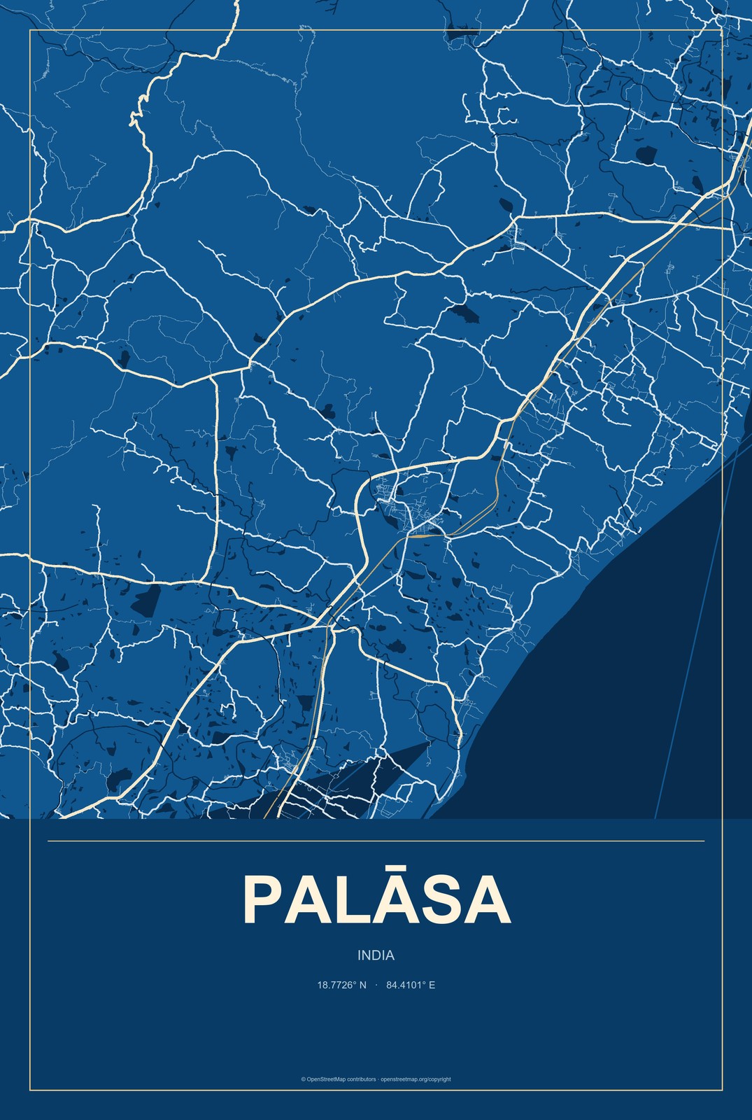 Palāsa, India City Map Aluminum Sign in Harbor Cobalt style