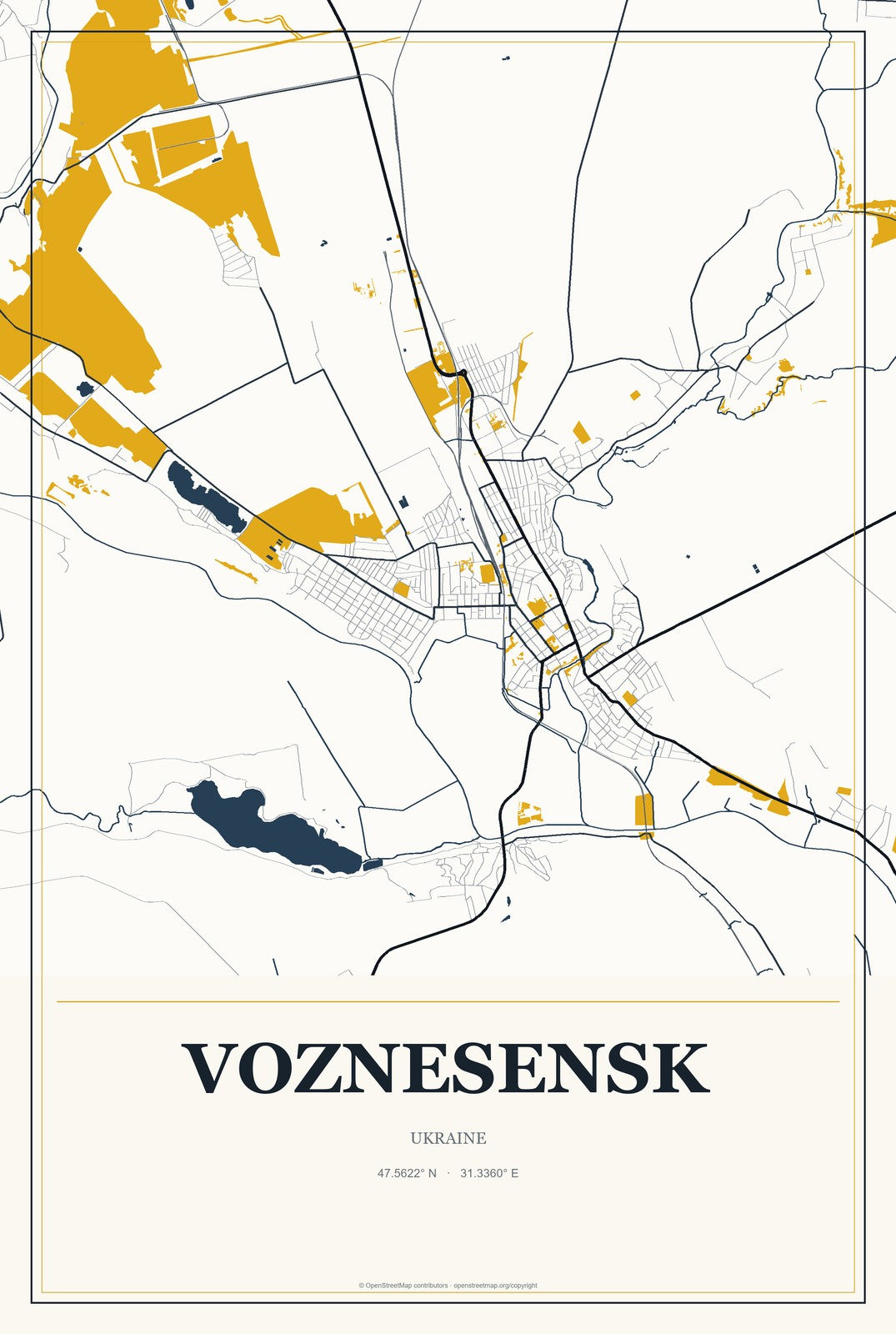 Voznesensk, Ukraine City Map Aluminum Sign in Citrine Modern style