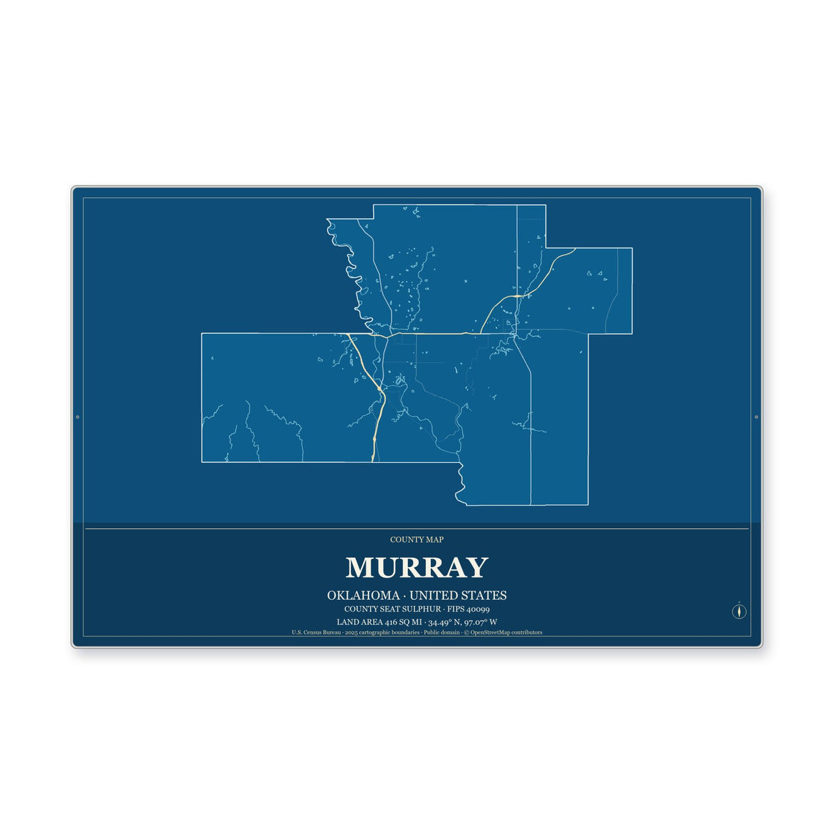 Murray County, Oklahoma Map Aluminum Sign in Harbor Cobalt style