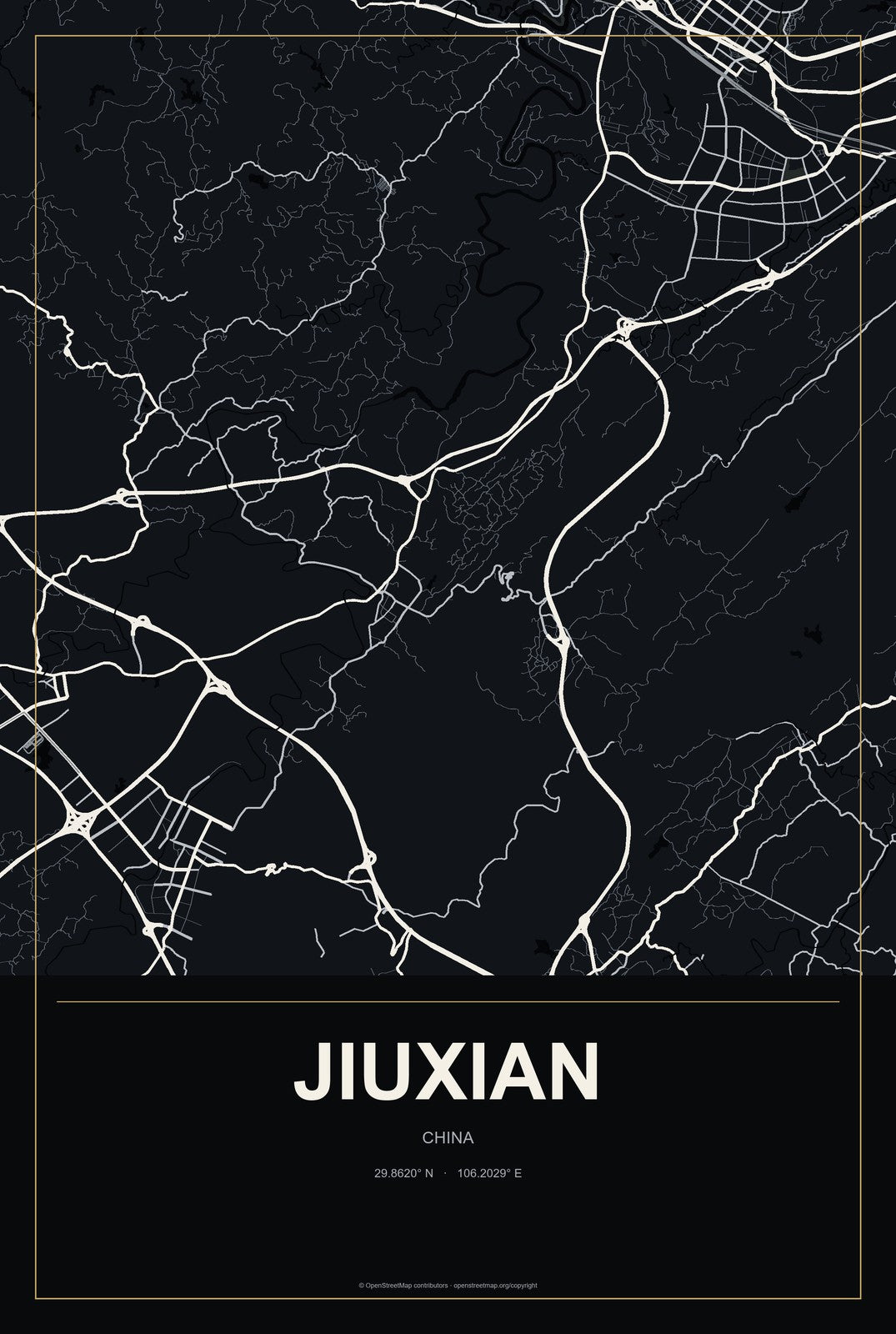 Jiuxian, China City Map Aluminum Sign in Metropolitan Noir style