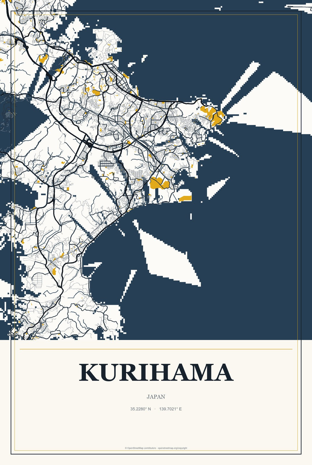Kurihama, Japan City Map Aluminum Sign in Citrine Modern style