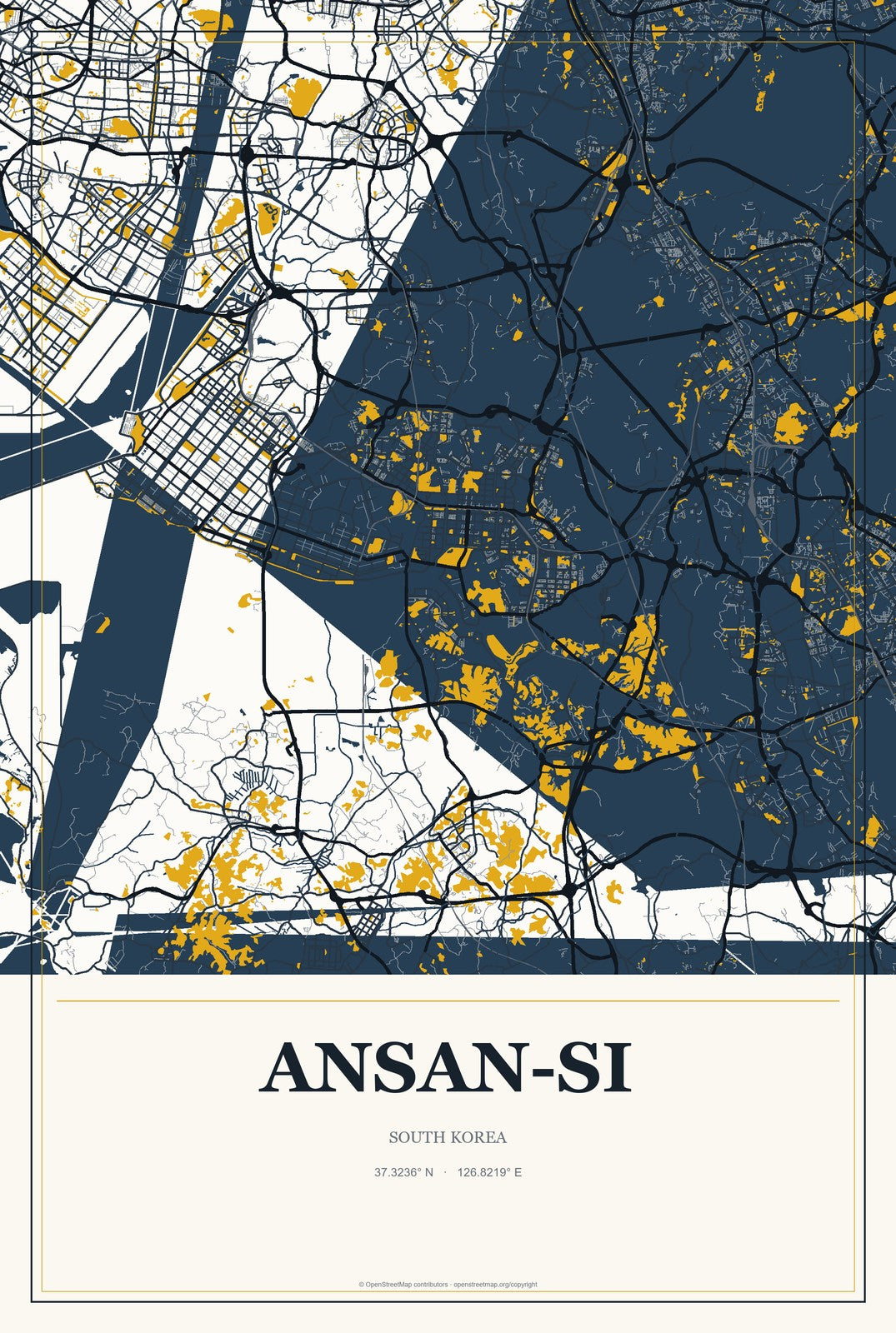 Ansan-si, South Korea City Map Aluminum Sign in Citrine Modern style