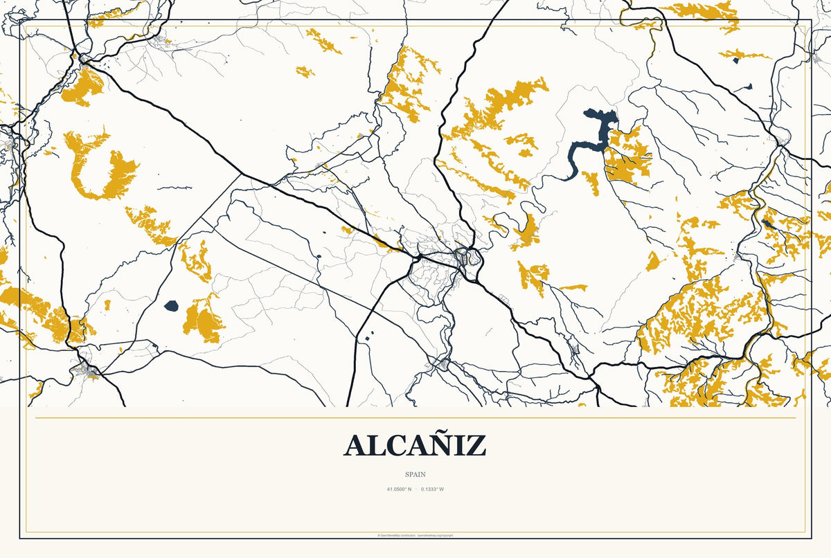 Alcañiz, Spain City Map Aluminum Sign in Citrine Modern style