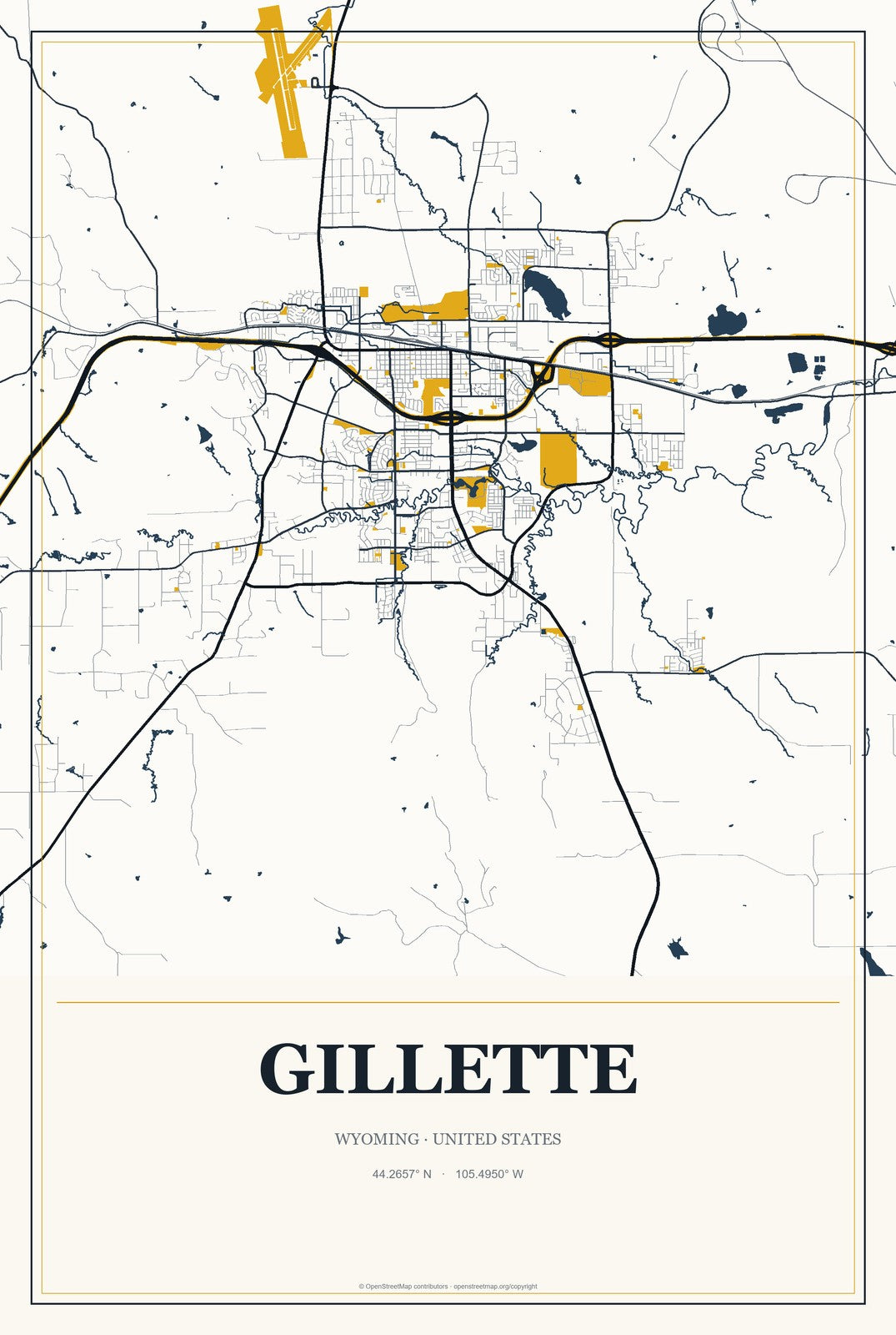 Gillette, Wyoming City Map Aluminum Sign in Citrine Modern style