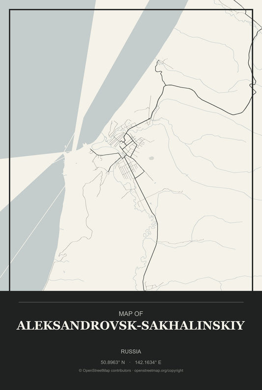 Aleksandrovsk-Sakhalinskiy, Russia City Map Aluminum Sign in Museum Plaque style