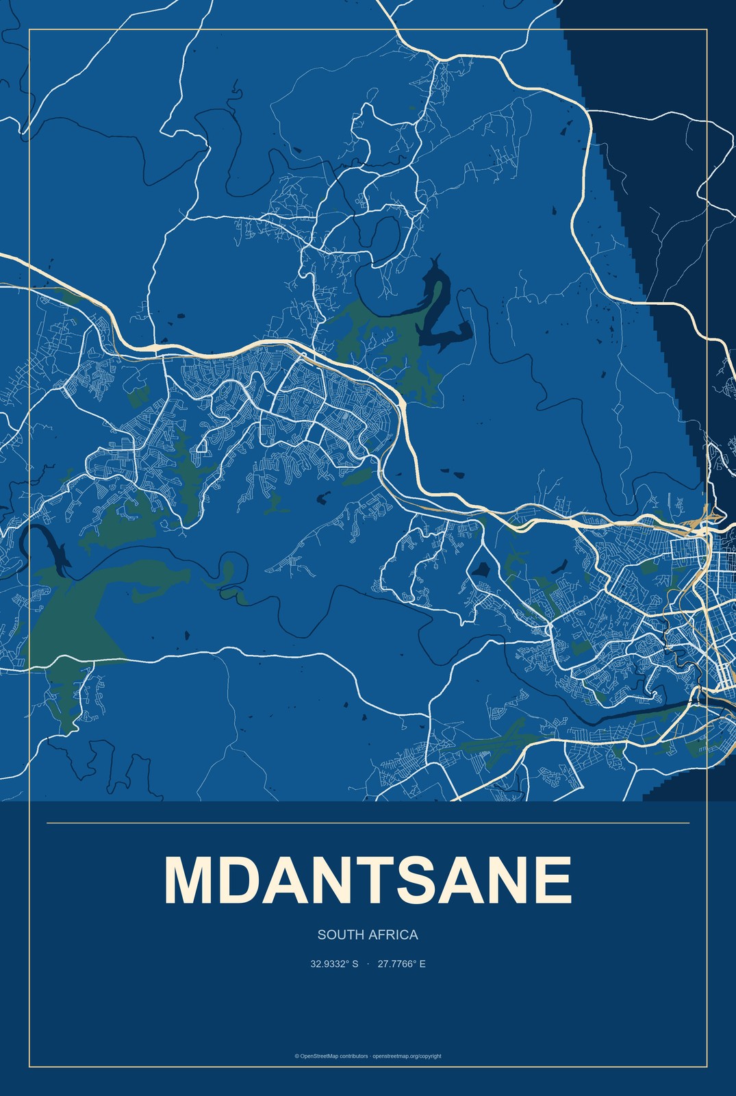 Mdantsane, South Africa City Map Aluminum Sign in Harbor Cobalt style