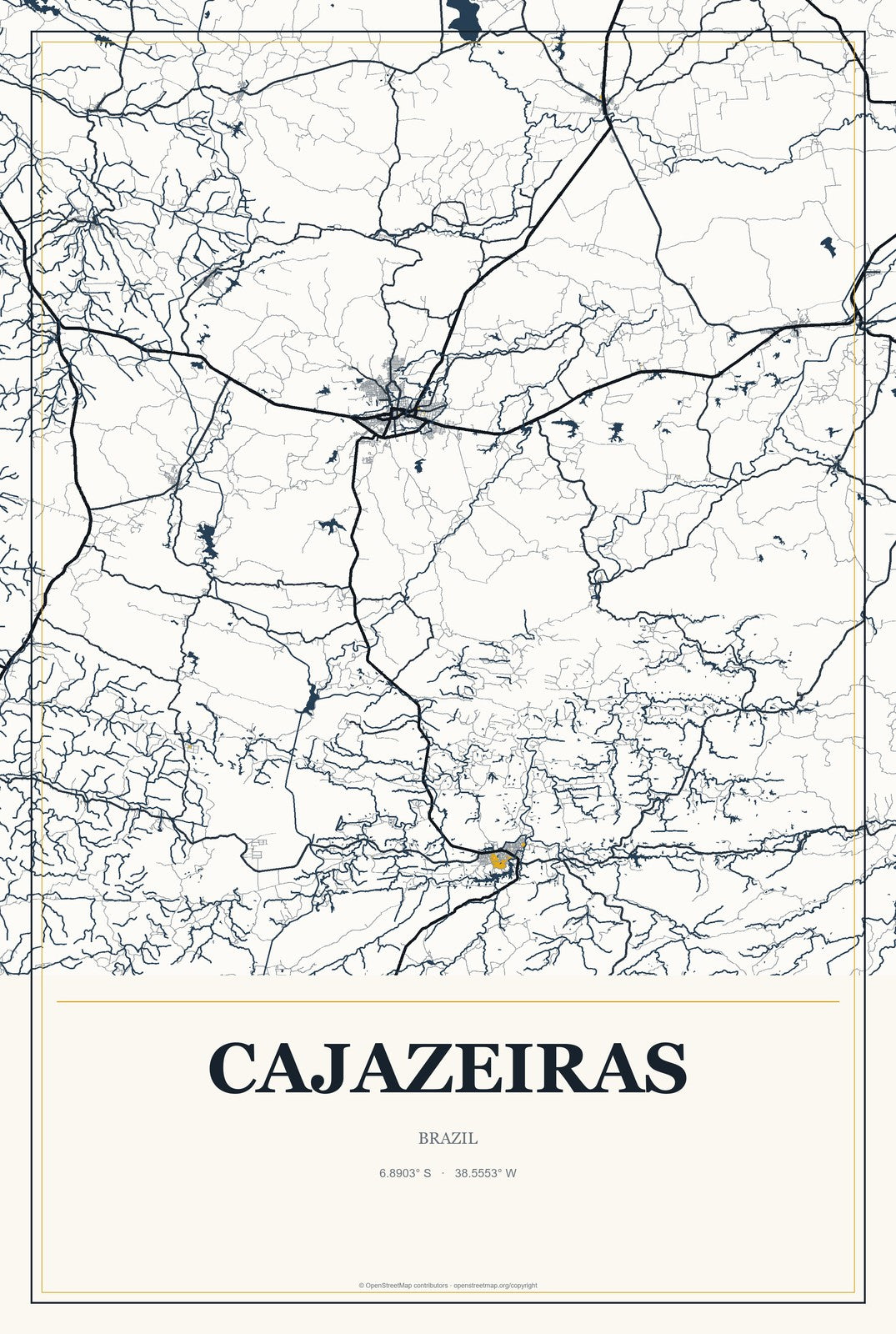 Cajazeiras, Brazil City Map Aluminum Sign in Citrine Modern style