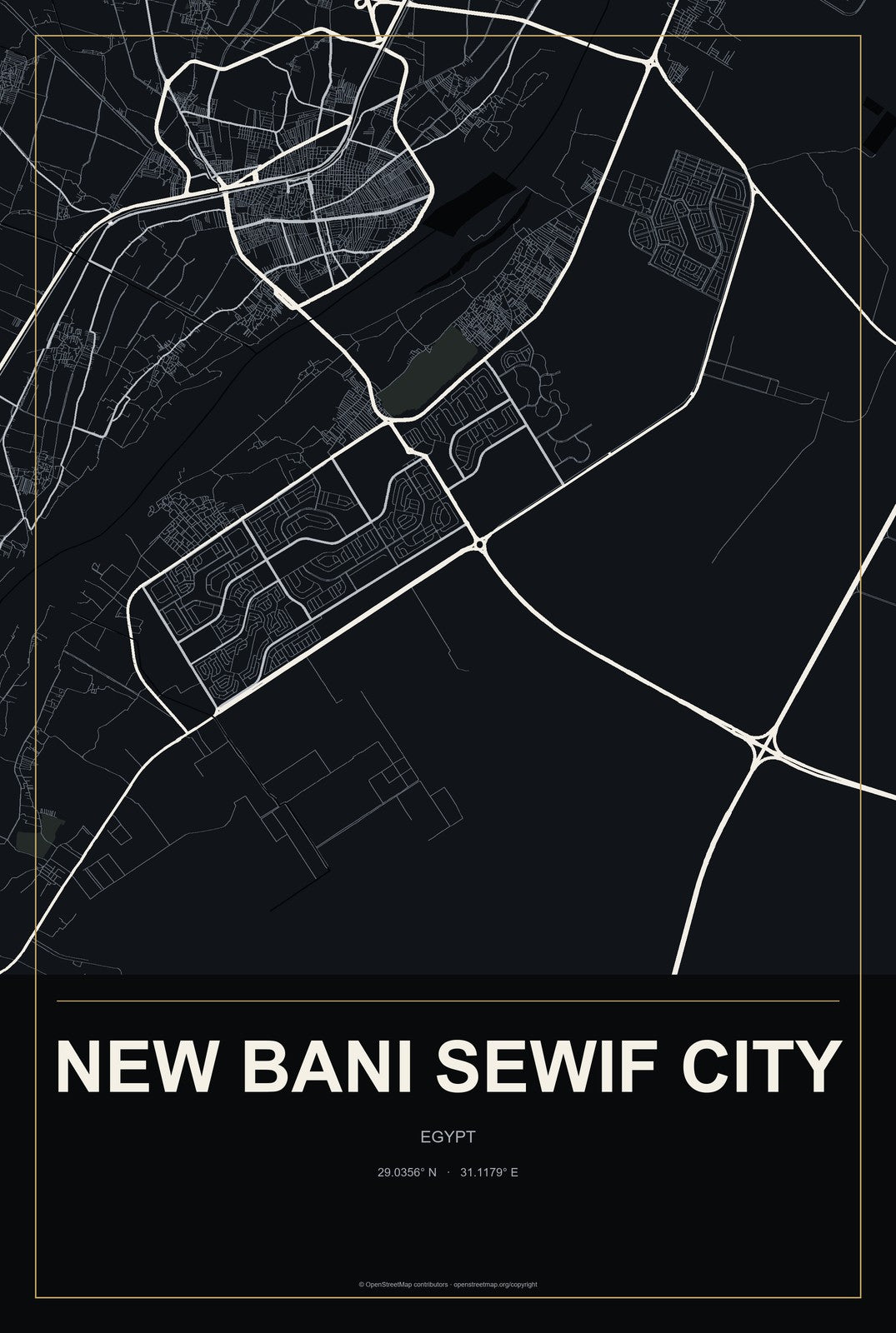 New Bani Sewif City, Egypt City Map Aluminum Sign in Metropolitan Noir style