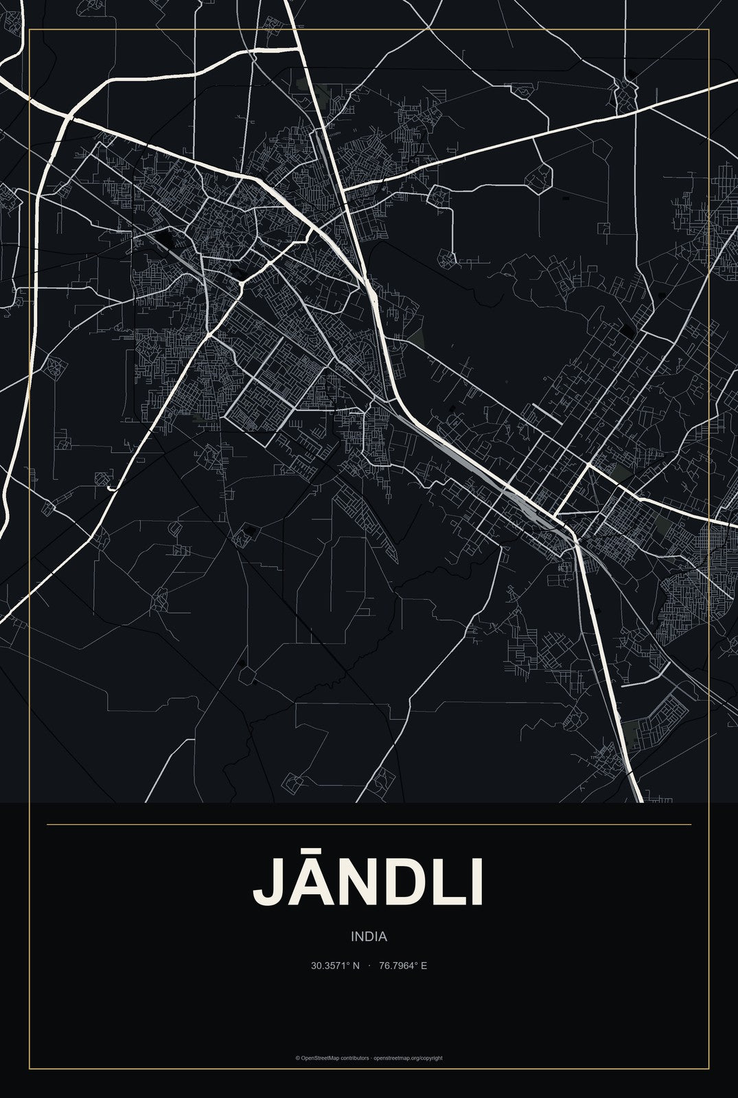 Jāndli, India City Map Aluminum Sign in Metropolitan Noir style