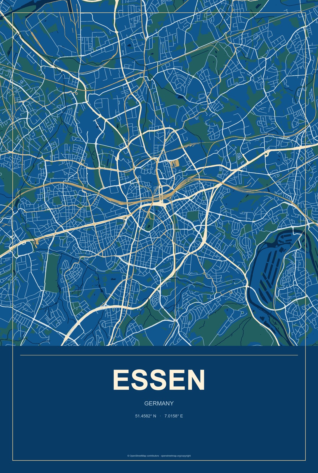 Essen, Germany City Map Aluminum Sign in Harbor Cobalt style