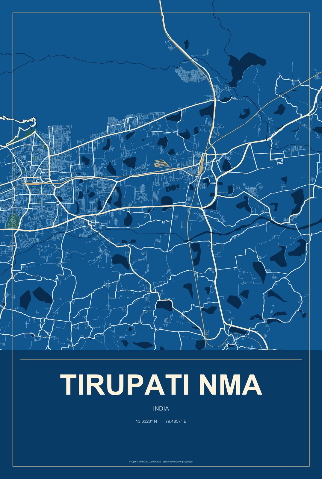 Tirupati NMA, India City Map Aluminum Sign in Harbor Cobalt style