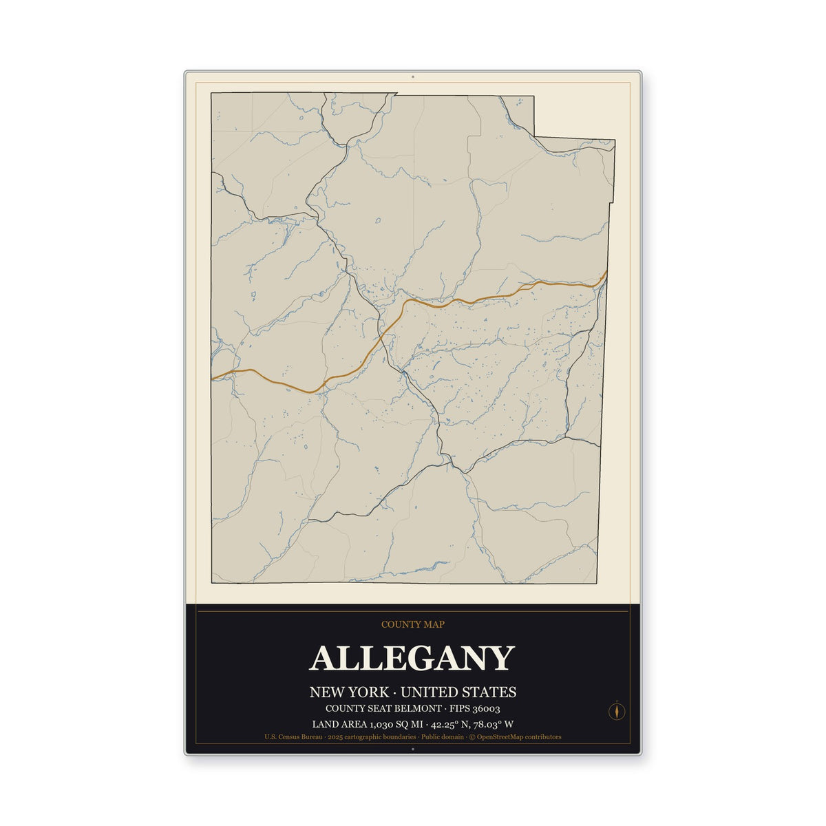 Allegany County, New York Map Aluminum Sign in Museum Plaque style