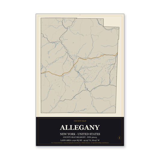 Allegany County, New York Map Aluminum Sign in Museum Plaque style