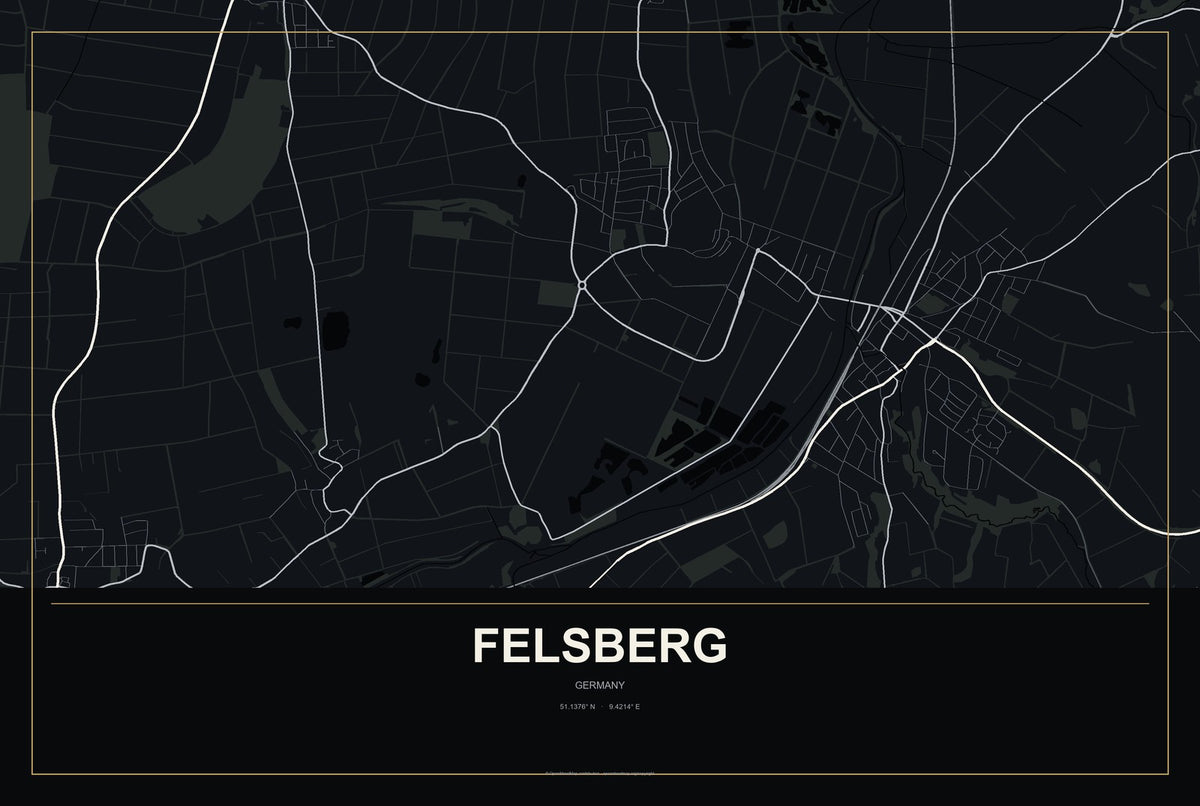 Felsberg, Germany City Map Aluminum Sign in Metropolitan Noir style