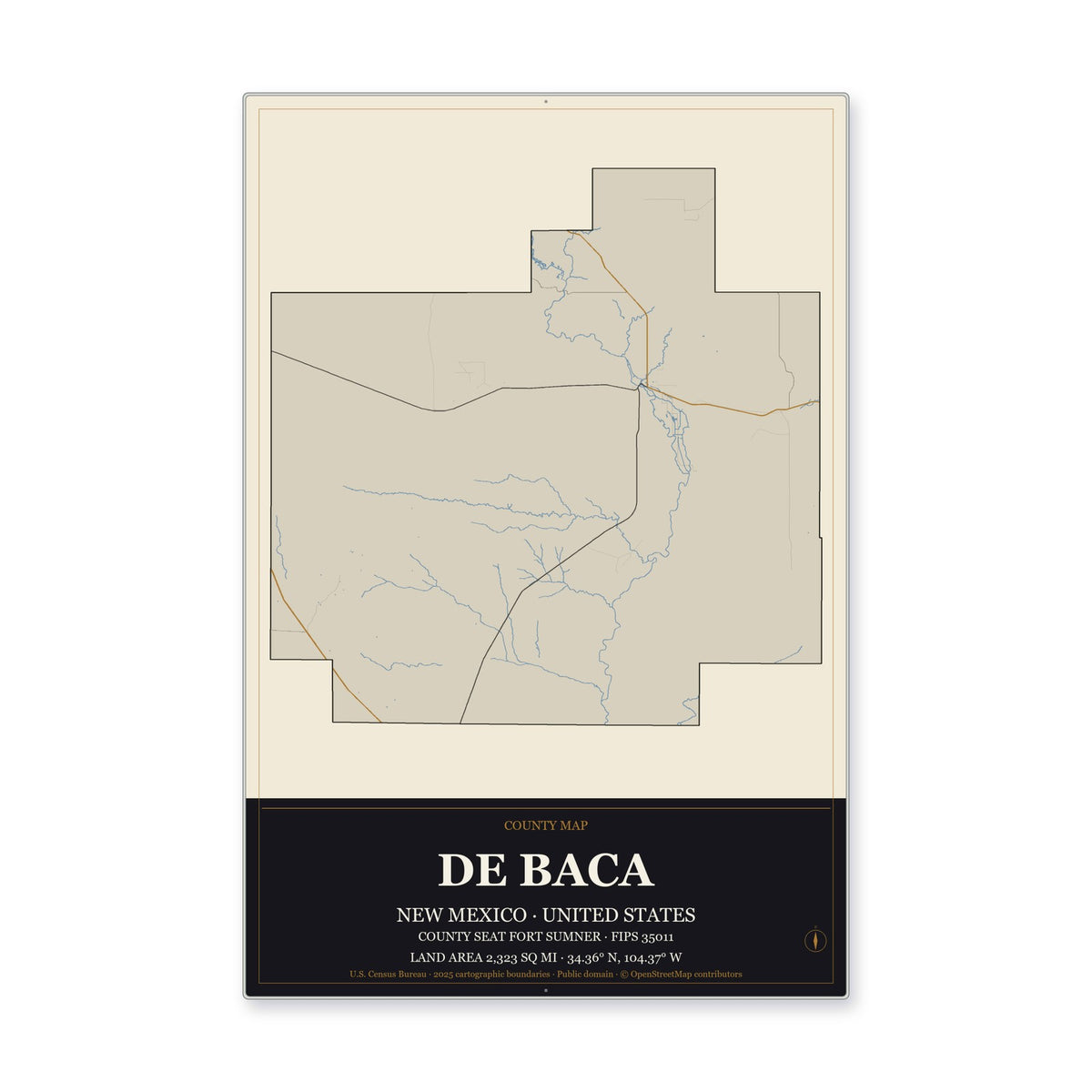 De Baca County, New Mexico Map Aluminum Sign in Museum Plaque style