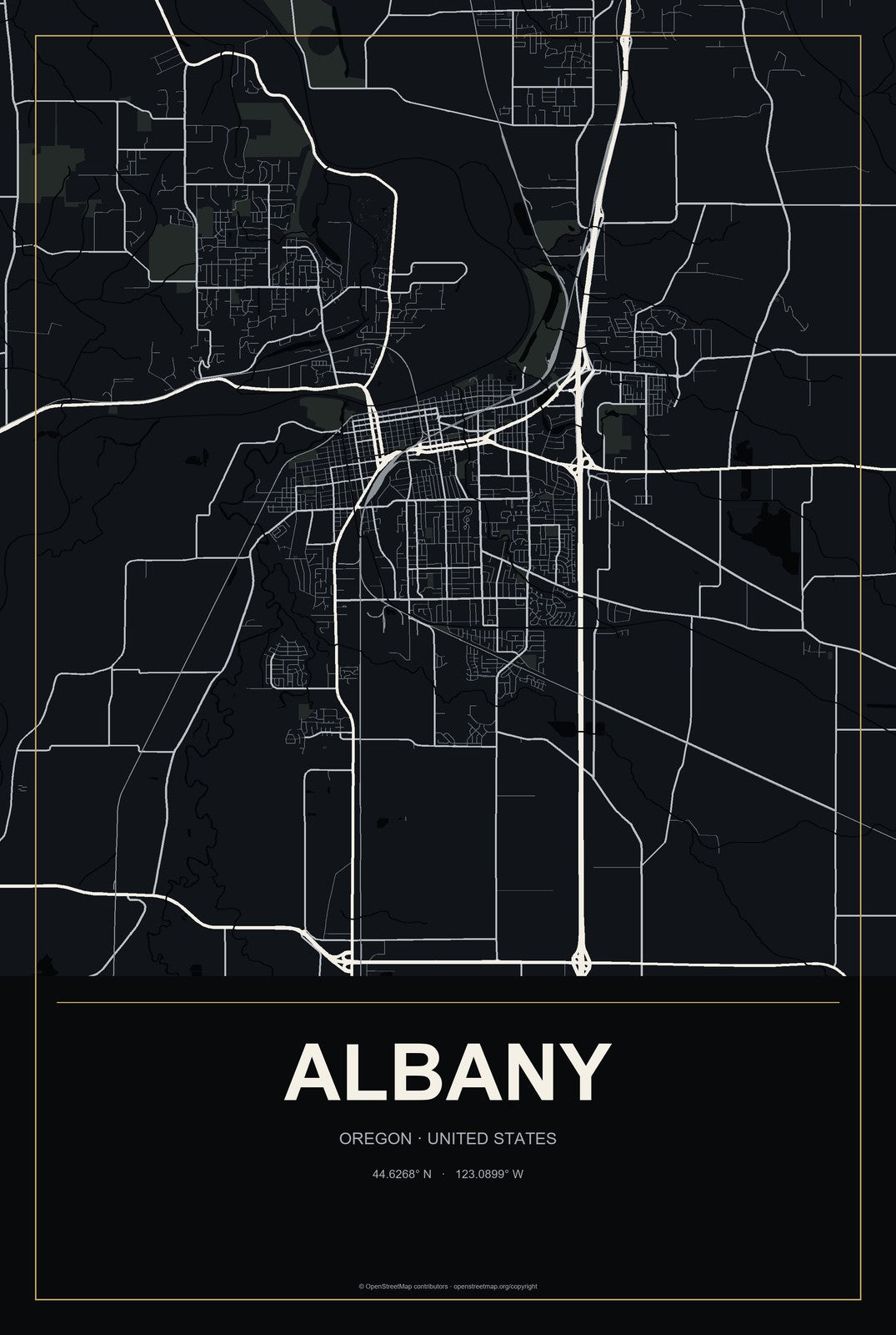 Albany, Oregon City Map Aluminum Sign in Metropolitan Noir style