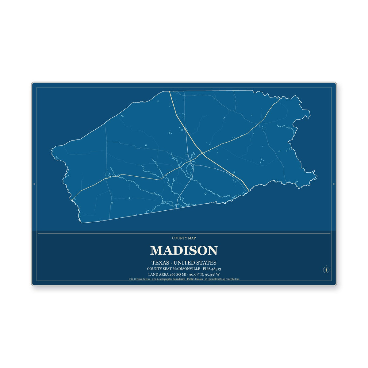 Madison County, Texas Map Aluminum Sign in Harbor Cobalt style