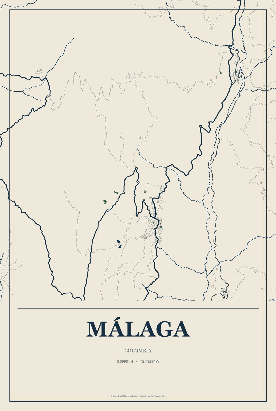 Málaga, Colombia City Map Aluminum Sign in Coastal Cutout style