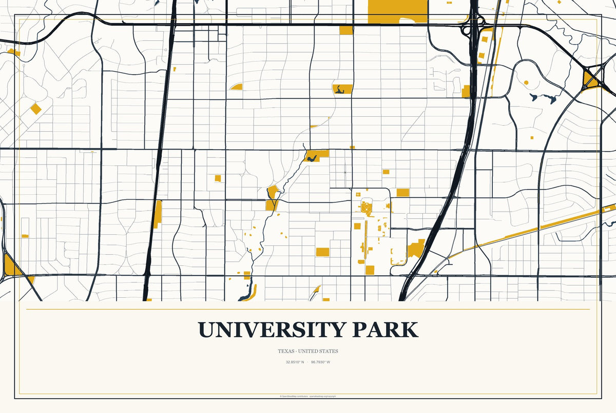 University Park, Texas City Map Aluminum Sign in Citrine Modern style