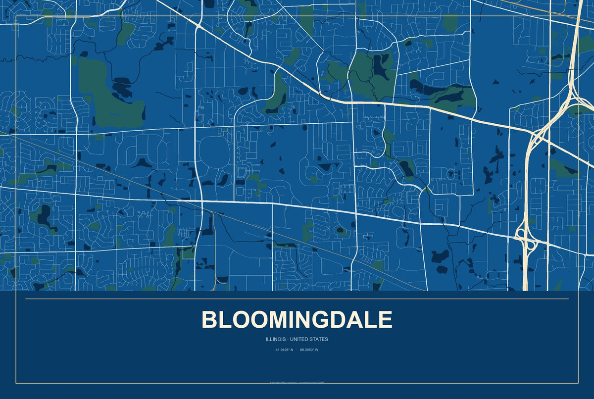 Bloomingdale, Illinois City Map Aluminum Sign in Harbor Cobalt style