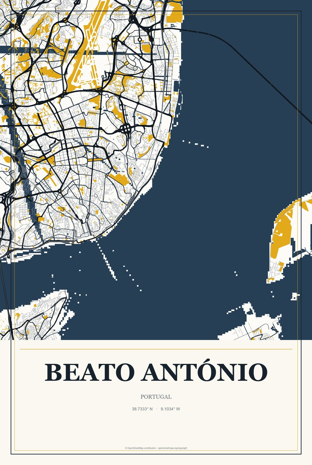 Beato António, Portugal City Map Aluminum Sign in Citrine Modern style