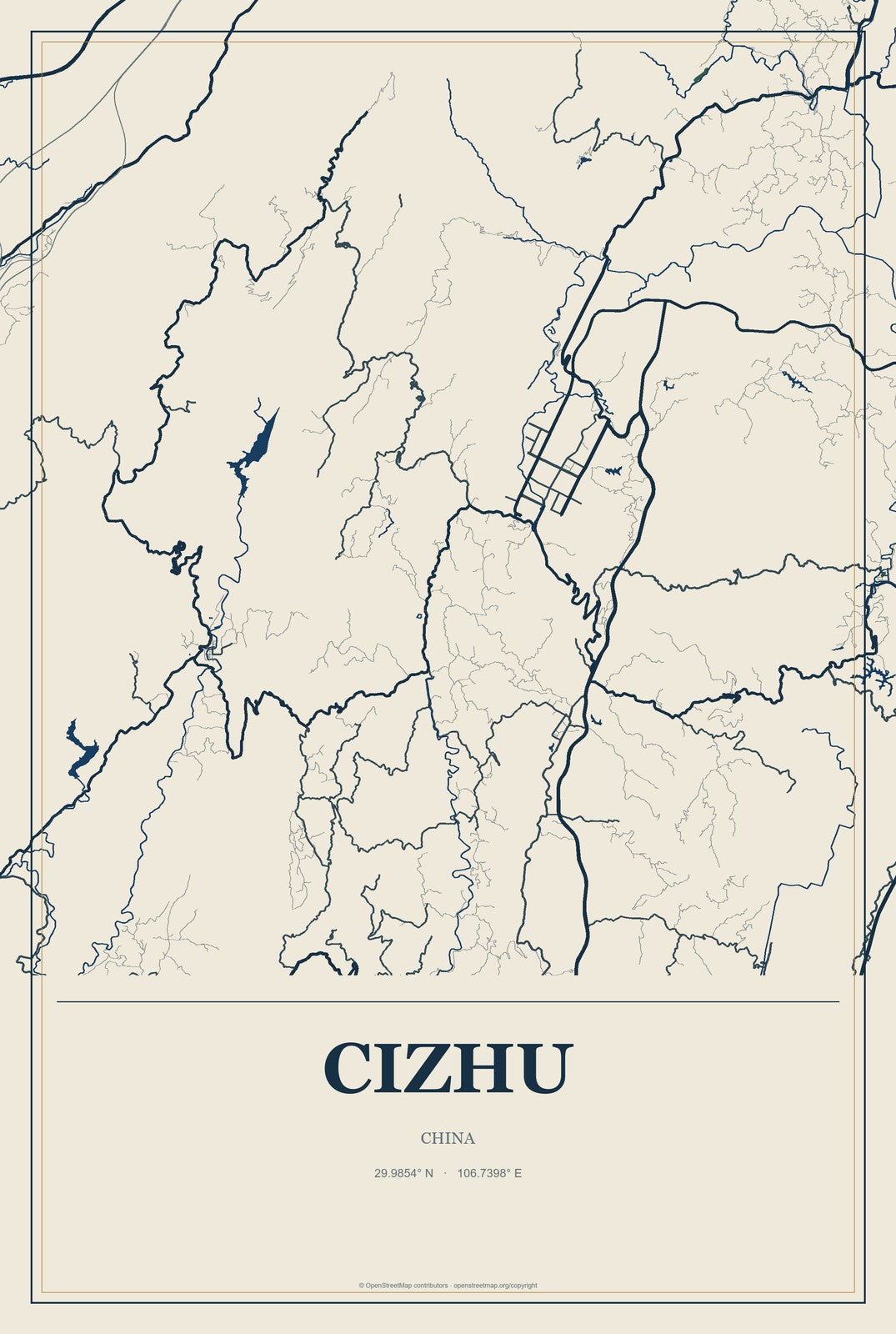 Cizhu, China City Map Aluminum Sign in Coastal Cutout style