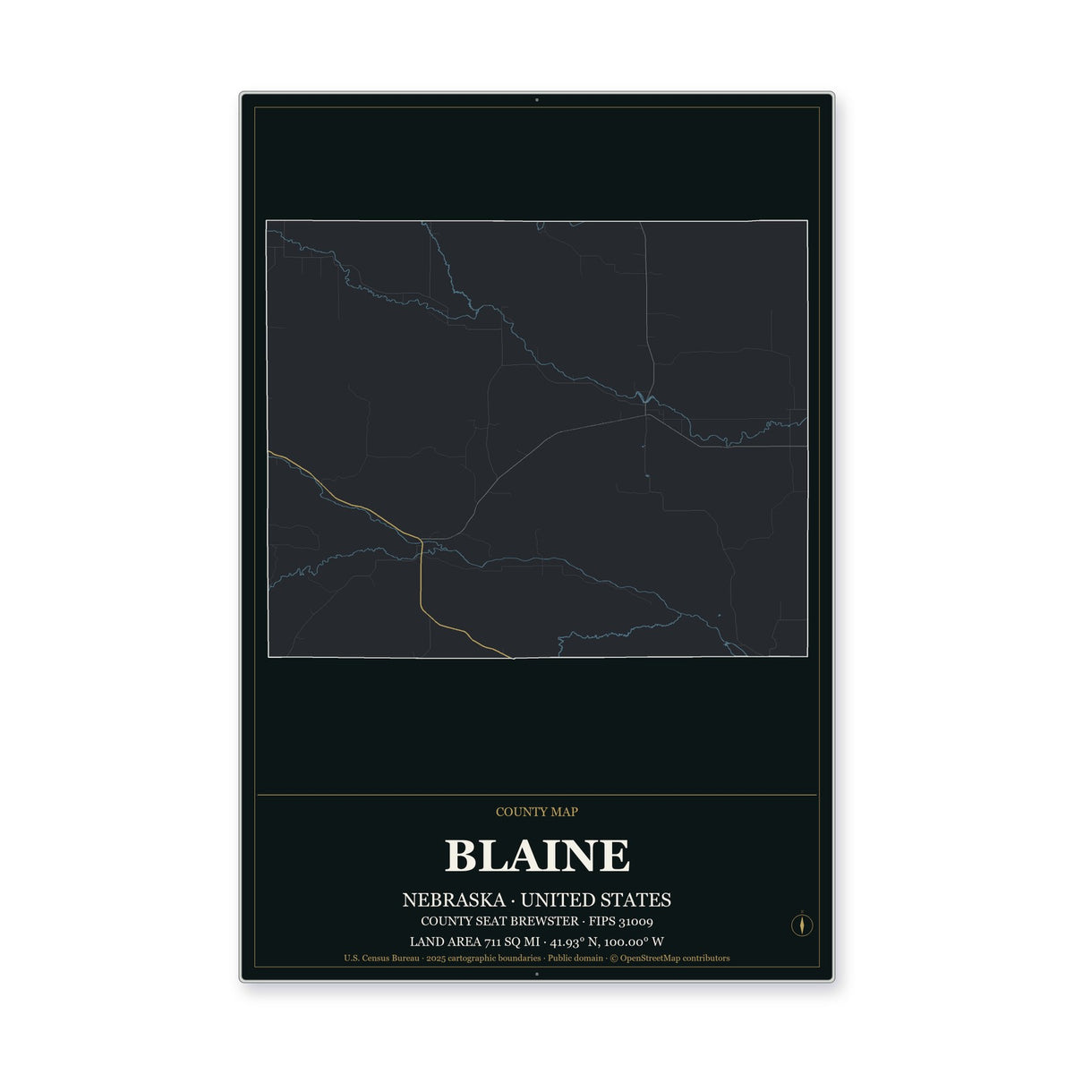 Blaine County, Nebraska Map Aluminum Sign in Metropolitan Noir style