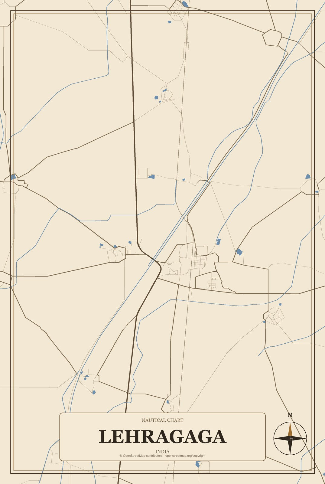 Lehragaga, India City Map Aluminum Sign in Heritage Nautical style