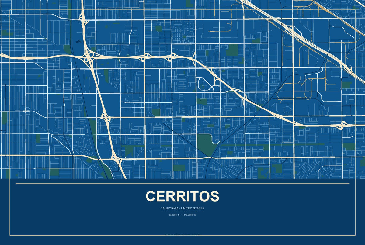 Cerritos, California City Map Aluminum Sign in Harbor Cobalt style